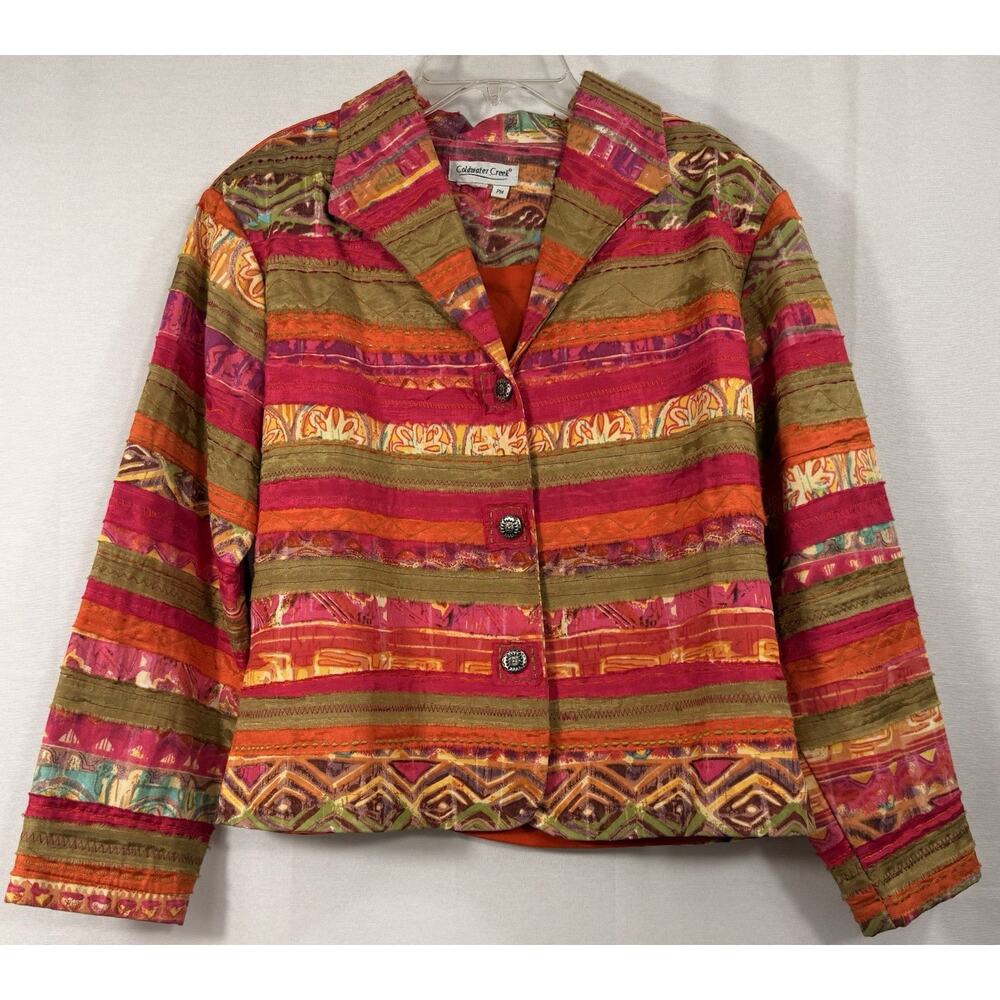 Coldwater Creek Pink Multicolor Patchwork Ribbon Appliqué Jacket PM